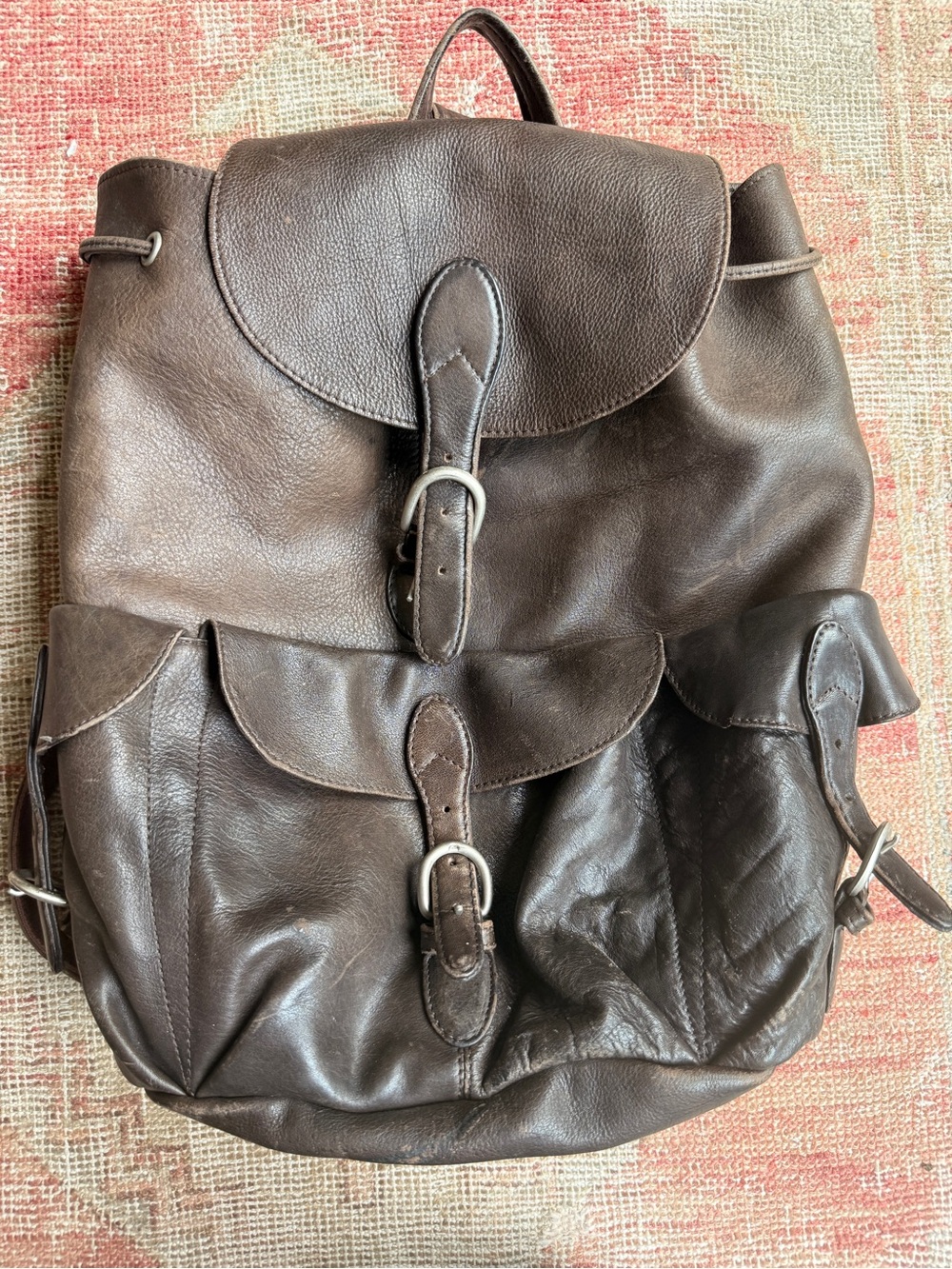 London Fog vintage Brown Leather Drawstring Backpack with Front Buckles
